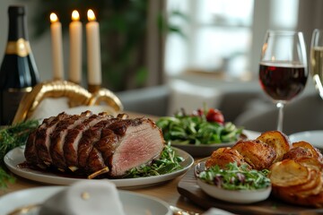 Elegant table set with lamb rack, green salad, wine, and champagne glasses in front of a modern living room with white walls, natural light, and cozy decor.