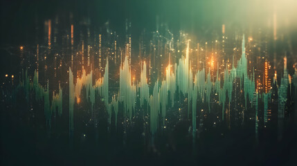 Abstract digital data visualization; glowing lines and numbers form dynamic waveforms on dark background, perfect for tech, finance, or AI concepts.