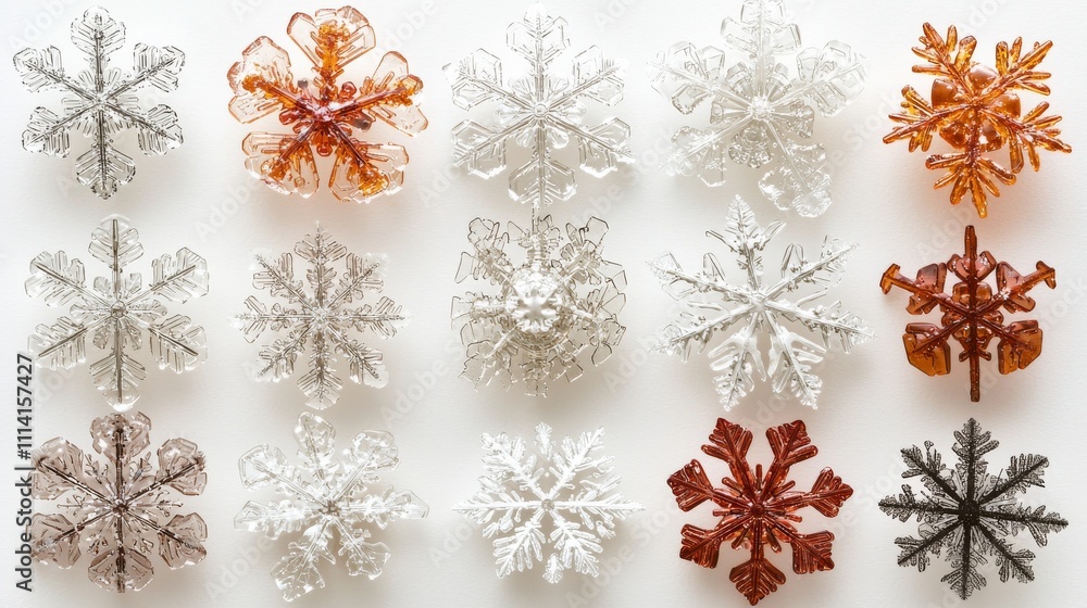 Poster a collection of decorative snowflakes in various designs and colors arranged neatly on a light backg