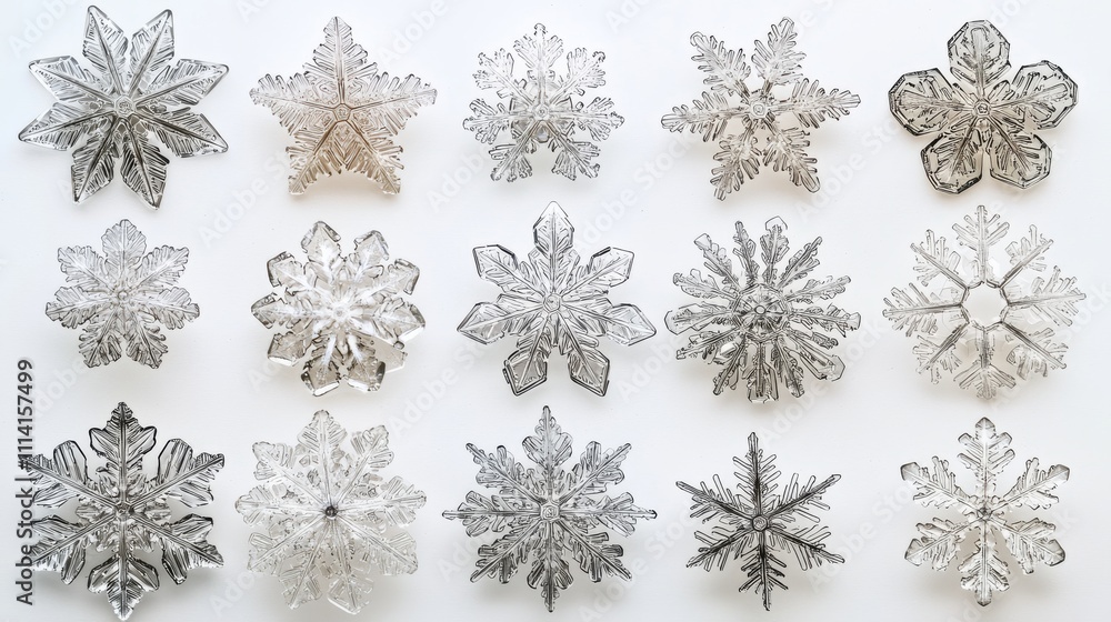 Poster a collection of intricately designed snowflakes, showcasing various shapes and patterns, arranged in