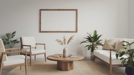 Modern Minimalist Living Room with Natural Decor. A tranquil modern living room featuring neutral tones and natural materials, perfect for interior design and home decor inspiration.