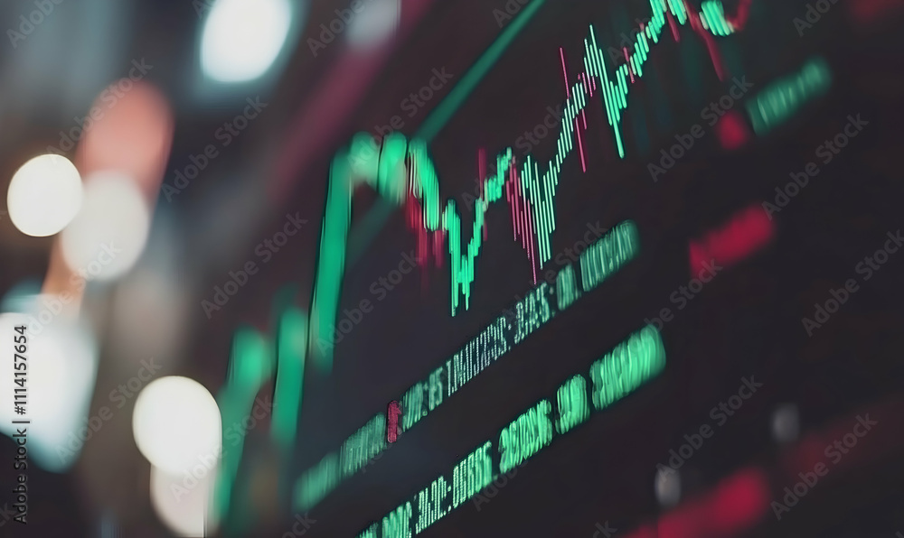 Poster close-up shot of a stock market chart displayed on a computer screen, showing fluctuating prices in 