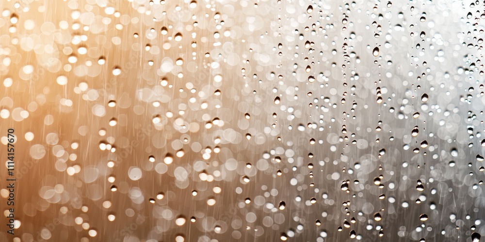 Poster a close-up view of raindrops on a glass surface, creating a blurred effect with a warm, soft backgro