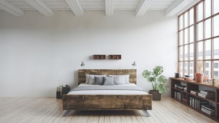 Fototapeta premium Modern Minimalist Bedroom with Wooden Bed and Natural Light. A spacious, modern minimalist bedroom featuring a wooden bed, large windows, and natural elements for a serene atmosphere.