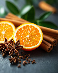 Fresh orange slices with cinnamon and star anise on a dark background for culinary use.