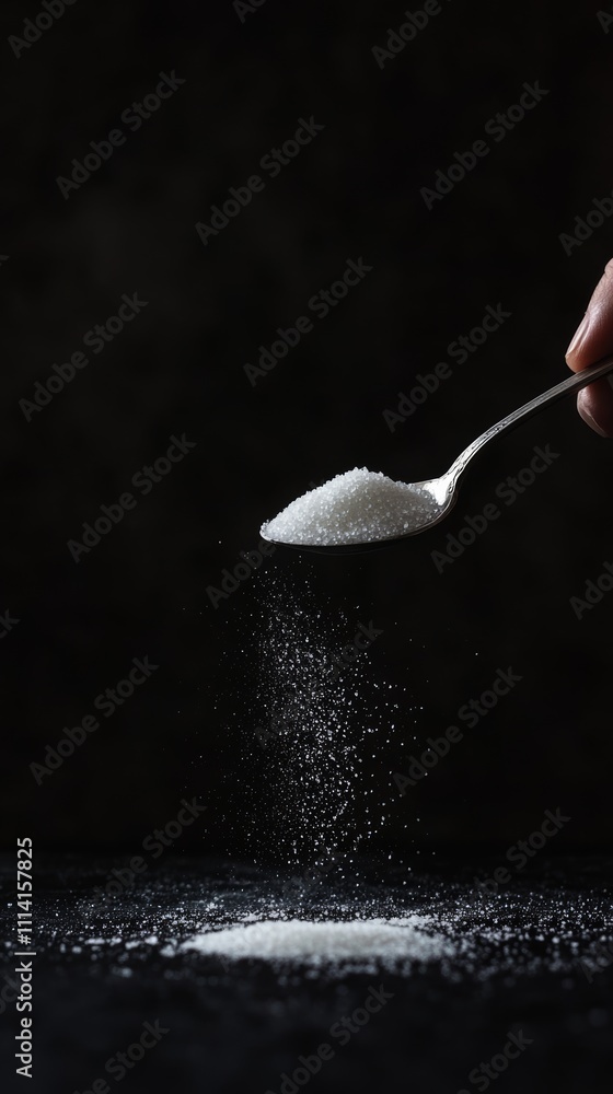 Poster white refined sugar is pouring from a spoon onto a dark surface, creating a small pile and symbolizi