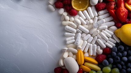 A macro shot of magnesium capsules and magnesium-rich foods arranged in a circular pattern, emphasizing natural nutrition and balance