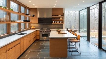 Modern kitchen design with wood cabinetry and large windows