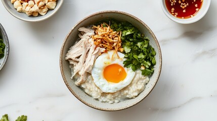Khao porridge concept. A bowl of creamy rice porridge topped with shredded chicken, a soft-boiled egg, herbs, and crispy onions, accompanied by side condiments.