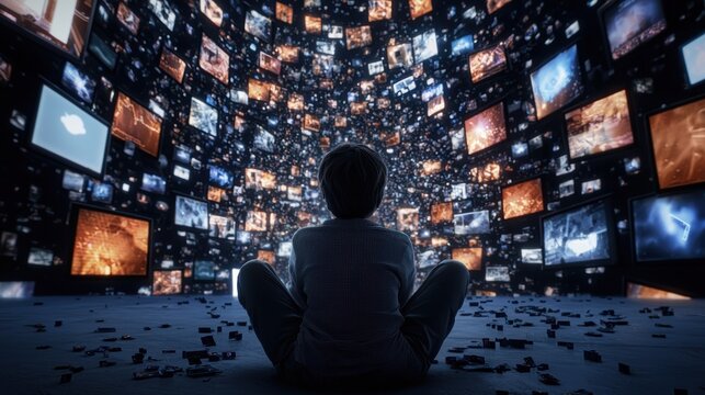 A child sits in awe surrounded by a myriad of glowing screens, immersed in a digital world of endless visual content.