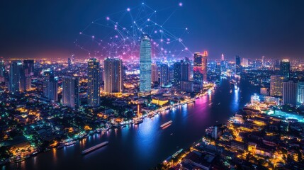Conceptual picture of a smart city digital transformation development. Modern urban cityscape with band lights at night. New fast internet communication technology 5G. Fiber optics