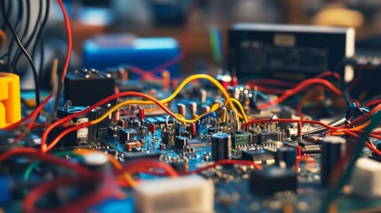 Intricate Circuit Board with Colorful Wires