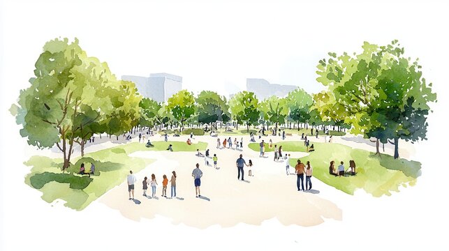 People and community gathering concept. A vibrant park scene filled with people enjoying nature and leisure activities. watercolor style.