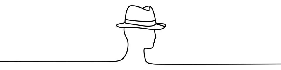 Minimalist vector illustration featuring a continuous line drawing of a fedora hat partially obscuring a face