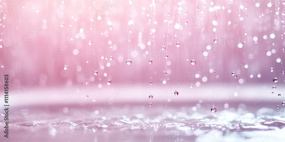 Poster a serene scene of raindrops falling against a soft pink background, creating a calming and dreamy at