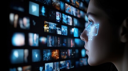 A woman gazes at a digital screen displaying multiple images, with a futuristic overlay enhancing her facial features, symbolizing technology and media interaction.