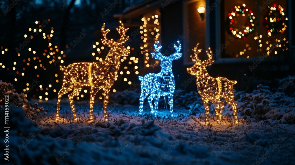 Aufkleber three illuminated reindeer in a snowy setting, adorned with colorful lights, create a festive and en