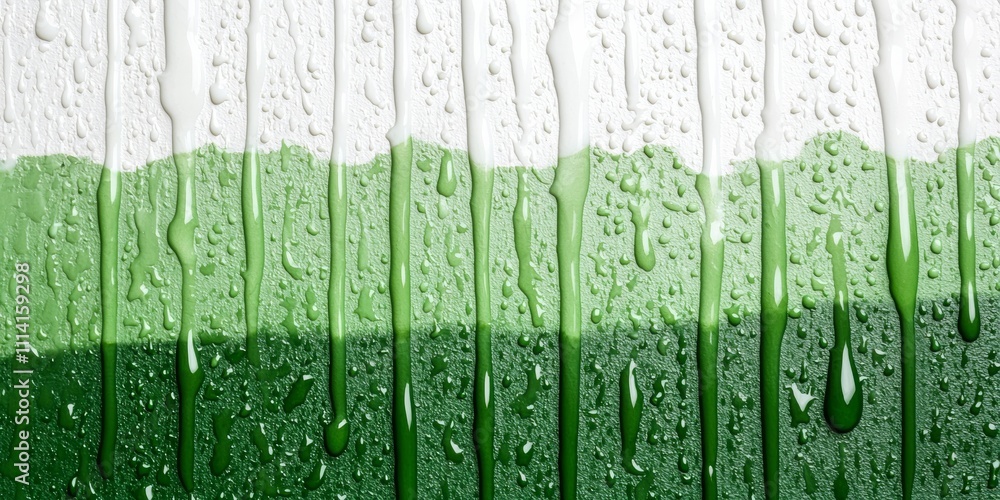 Poster a close-up image of droplets on a glass surface, creating a layered effect of green hues, evoking a 