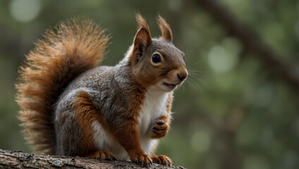 Obraz premium A squirrel perched on a tree branch, its tail raised, showcasing its alert posture in a natural setting.