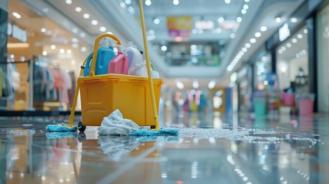 A cleaning cart with supplies in a shopping mall, indicating maintenance work in progress.