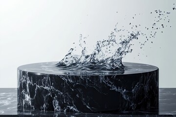 Elegant Black Stone Pedestal with Water Splash, Empty Scene for Cosmetic Product Presentation. 