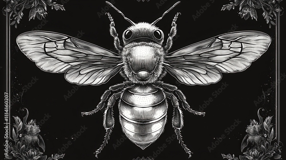 Poster bee honeybee, intricate linework and detailed wing patterns in classic engraving style sketch engrav