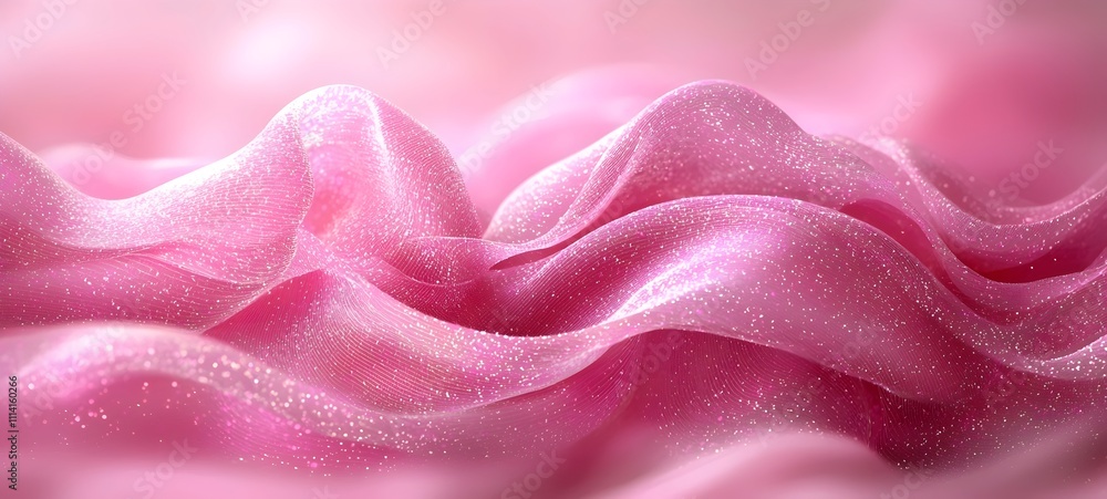 Poster a close-up view of soft, shimmering pink fabric gracefully draping with delicate waves, creating a d
