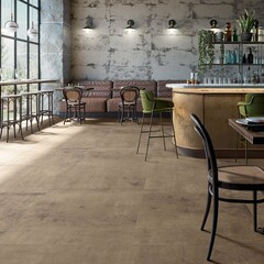 Modern and stylish restaurant interior with glamour wooden table, elegant chairs and design decoration. Template. Gray and white background wall. Minimalistic concept of interior design. 3D Rendering