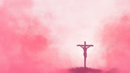 The Crucifixion Jesus Dies on the Cross Surrounded by Soaring Pink Clouds in an Ethereal Abstract Scene with Spiritual Overtones and Dramatic Lighting Creating a Solemn Religious Atmosphere