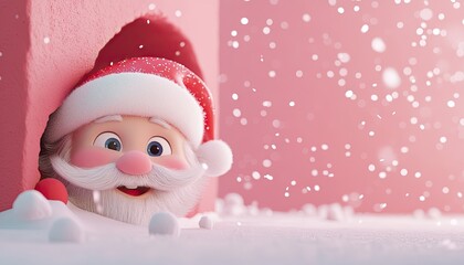 a happy Santa Claus peeking out from the right side of a wall, with a snowy background