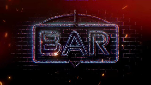 animation of a shining neon metal sign - Bar, on a wall background, in gray, signboard gameplay,