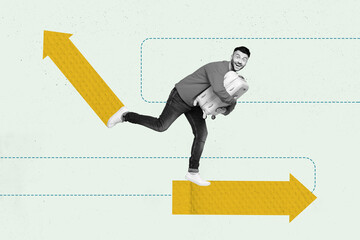 3D collage trend artwork composite sketch poster of young guy walk step hand hold baggage travel...