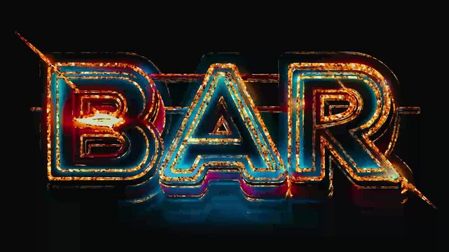 animation of a shining neon metal sign - Bar , on a black wall background, signboard gameplay,