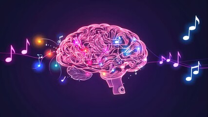 Pink neon brain with musical notes. - Powered by Adobe