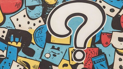 Large question mark on colorful doodle background.