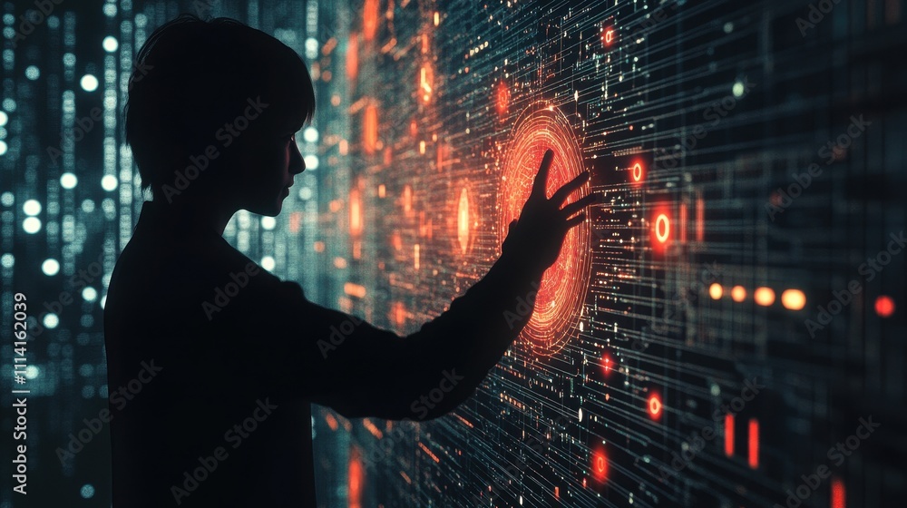 Poster a futuristic silhouette interaction with a virtual interface in a 3d illustration of system integrat