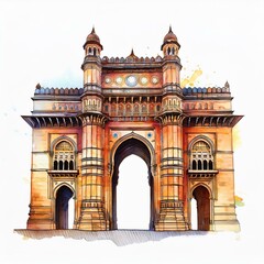 Obraz premium Watercolor illustration of Mumbai's iconic Gateway of India, showcasing intricate Indo-Saracenic architecture with vibrant hues, perfect for tourism or cultural content.