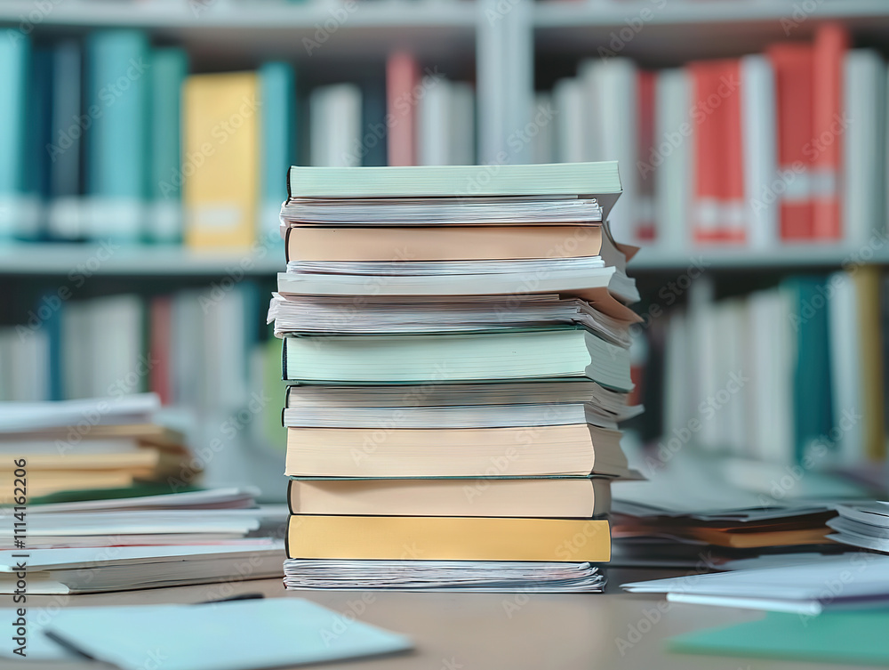Poster stack of colorful books and documents on desk in library, creating busy and academic atmosphere