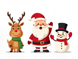 Merry Christmas! Santa, Reindeer, and Snowman Cartoon Illustration