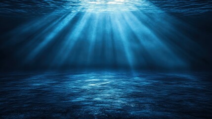 Abstract background of dark blue with light rays and mist, spotlight on an asphalt floor for display products. Dark scene with reflections from the water surface