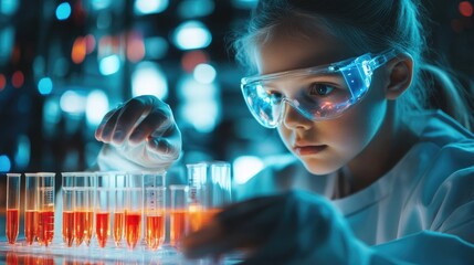 Young girl analyzing test tubes with a futuristic holographic interface, child scientist, merging science and technology 