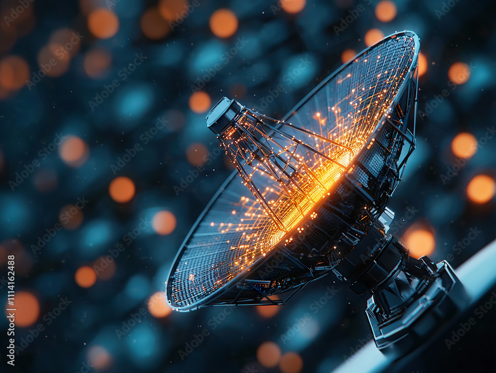 Aufkleber glowing satellite dish with illuminated data streams against blurred bokeh background
