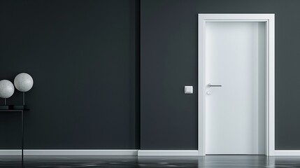A minimalist white door with a sleek, chrome handle, set within a modern, monochrome interior.