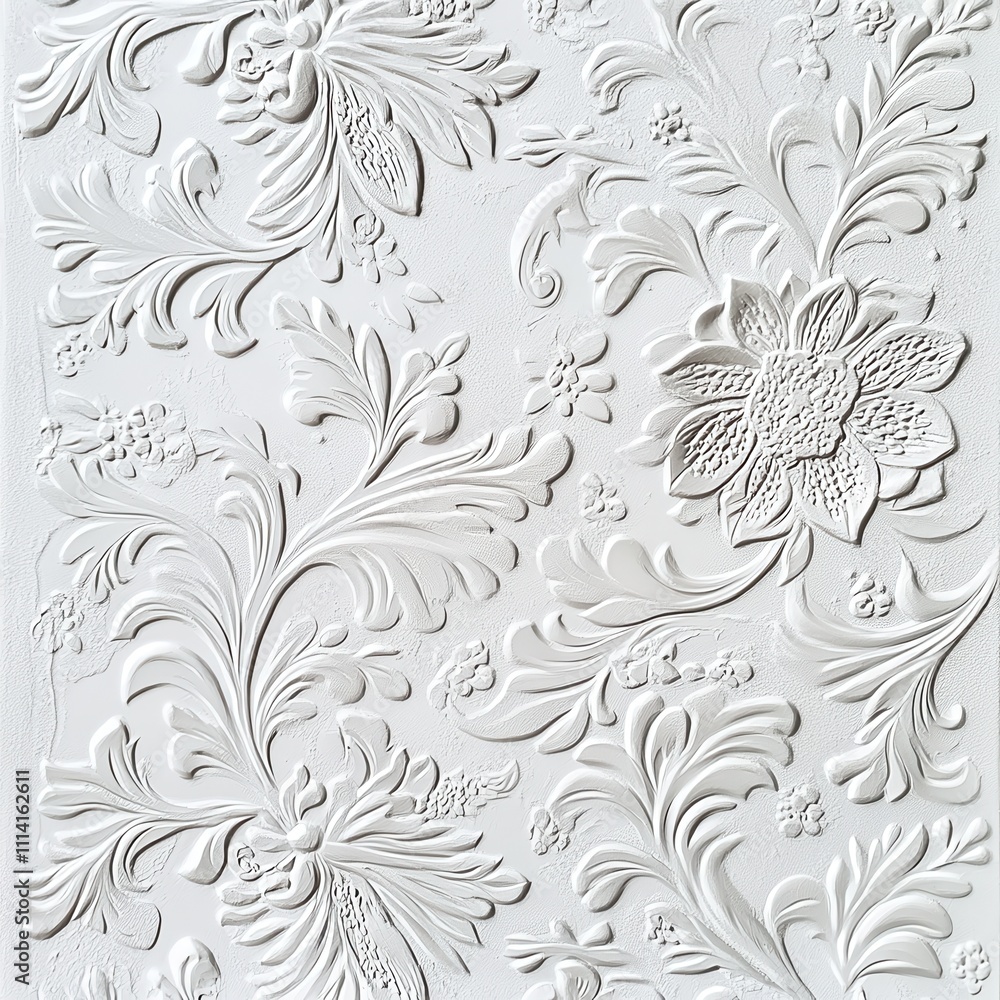Poster graphic highlighting an embossing technique with detailed patterns on a textured surface against a w