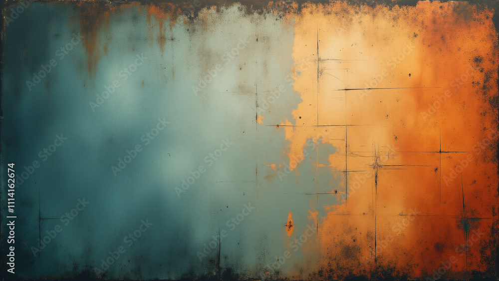 Poster an abstract textured artwork featuring a gradient of blue and orange hues blended with rough edges, 