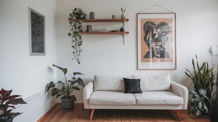Chic Living Room Decor with Minimalist Sofa and Indoor Plants. Stylish living room featuring a minimalist sofa, elegant wall art, and lush indoor plants creating a serene atmosphere.