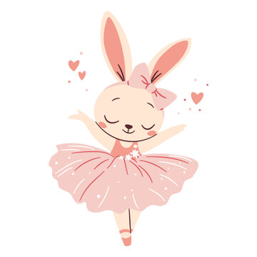 Flat vector illustration in a simple children's style. Cute bunny in ballerina tutu dancing ballet. White background . Vector illustration