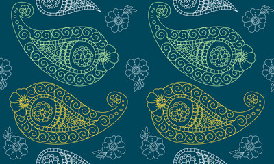 pattern paisley designs with green and yellow on green background , design for fabric or various pattern printing works.
