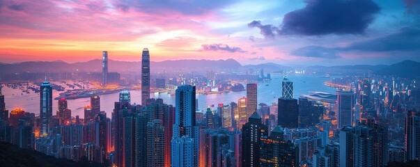 A vibrant city skyline is showcased with towering skyscrapers gleaming as twilight approaches