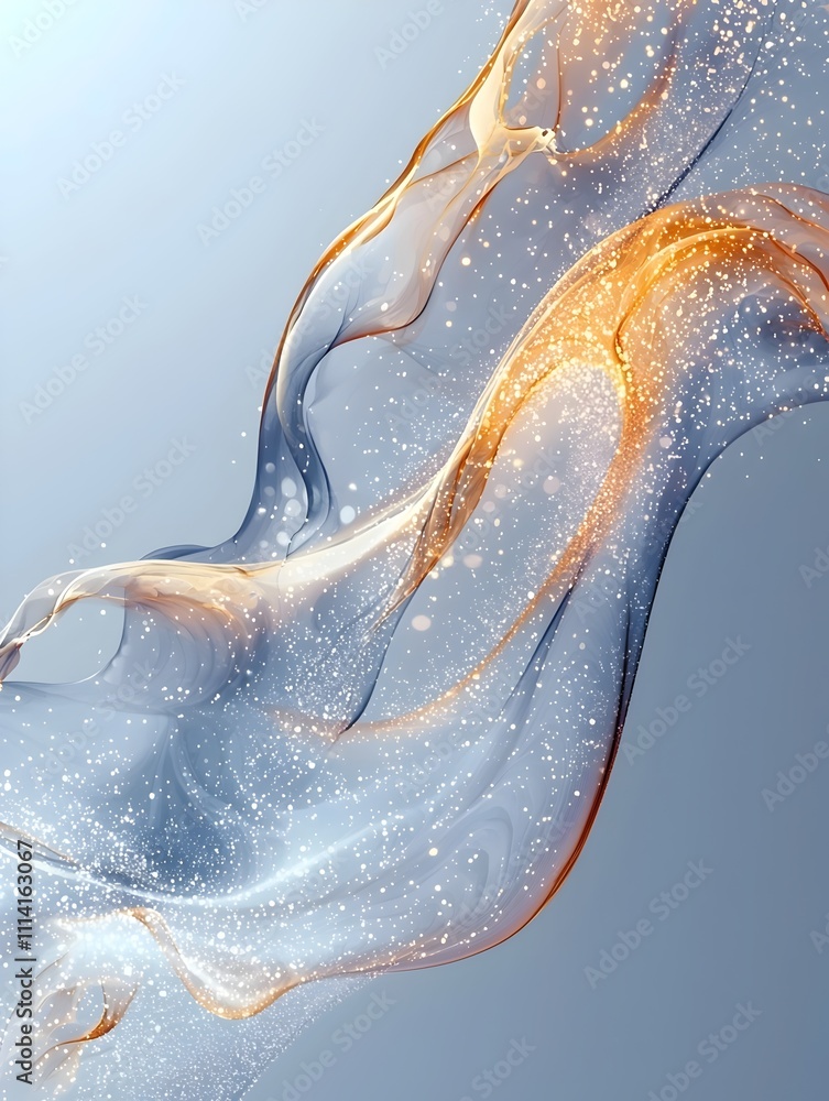 Poster an elegant abstract swirl of translucent fabric in shades of gold and blue, glimmering with sparkles